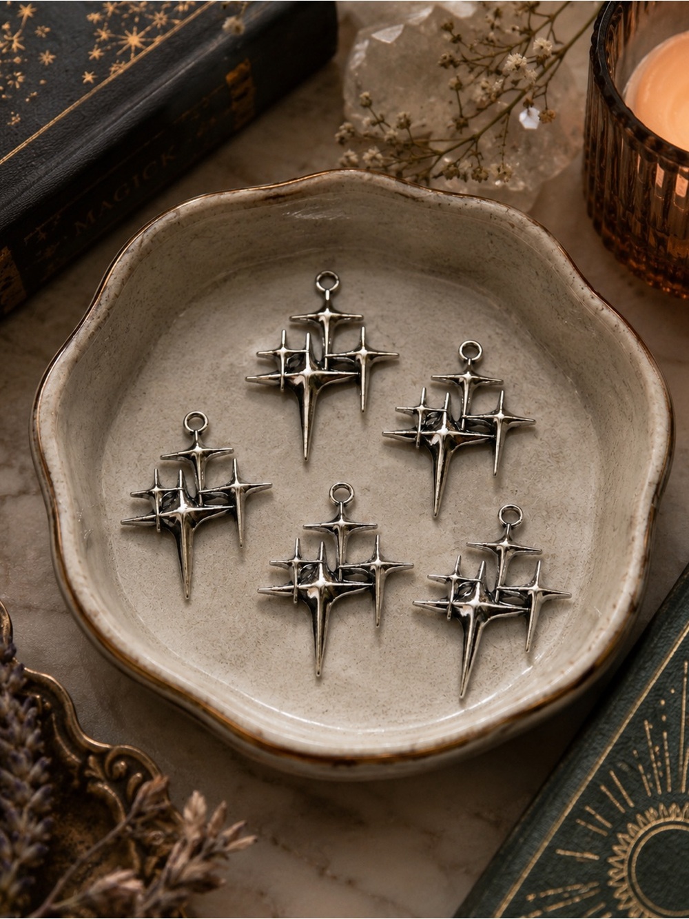 Lot of 5 Silver-tone Celestial Star Cluster Charms | Zinc Alloy Pendants
